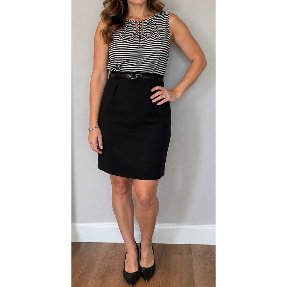 Shelby & Palmer W 8P Black White Striped Sheath Dress Belted Petite Sleeveless